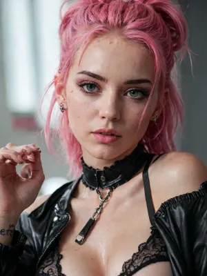21 years old beautiful, stunning unique female character wet punk, pink hair, close-up portrait, black lingerie, ziprealism, t1hal, <lora:t1hal:.5>