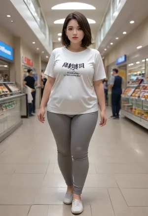 A photorealistic cinematic scene of a 25-year-old adult woman with a beautiful, naturally curvy and plump figure, standing casually inside a modern city shopping mall. She is wearing comfortable jogger pants and an oversized casual T-shirt. She has a natural, friendly appearance and a relaxed, candid expression. Her clothing falls naturally over her body with realistic folds and fabric texture, preserving her natural body shape. Modern mall interior, shops and storefronts in the background, polished floor, soft indoor lighting, realistic reflections, natural skin texture, realistic fabric physics, candid photography, full-body composition, natural proportions, high detail, photorealistic. Her clothing falls naturally over her body with realistic folds and fabric texture, preserving her natural body shape, plump, skindentation, chubby, bbw, venus, body, big, breasts, ass, <lora:Chubby BBW - XL:1.8>