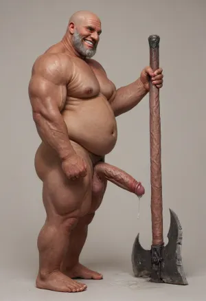 (((No background))), ((Full body, 3/4 profile view)), ((a nude muscular obese man with a axe in his right hand, ((tanned skin:1.79)), ((Small body:.9)), evil grin, bald, wrinkled, short grey beard, ((high erect thick veined cock, cum dripping)))), <lora:xpenis-1.5e:1.4>, <lora:detailed_notrigger:1.3>