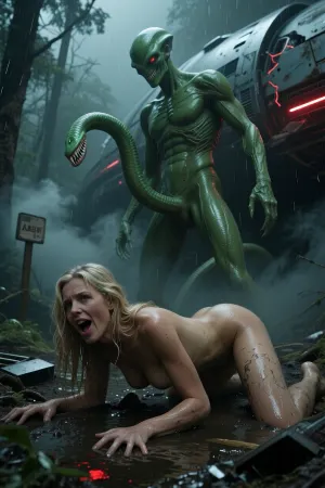 Fantasy setting, CGI render with imperfections, saturated dark green color style, the entire scene enveloped in extremely deep shadow with thick swirling dark steam, mist and fog, cinematic wide shot, sci fi concept art masterpiece, 8k UHD, rough photorealistic atmosphere, a desolate forest almost completely swallowed by dense swirling fog, visibility extremely limited, everything reduced to silhouettes, fragments and ghostlike shapes, a 30 years old blonde woman, her face is dominant in foreground, her face is rendered with extreme precision and exceptional detail, her eyes wide open, her mouth parted, her expression clearly conveying intense ecstasy and sexual arousal, she moans with pleasure, crawling through wet earth and metallic debris, being fucked by alien, exhausted and disoriented, messy damp blonde hair, tense posture, rain and mud on her skin, directly behind her emerges a gigantic humanoid alien, far taller and broader than any human, completely organic and biological, he has a green penis is shaped like a serpent, long, flexible and curved, with sharp teeth around the glans unclothed, smooth green skin with realistic pores, folds, subtle veins, scars and natural muscular structure, no armor, no machinery, no tentacles, no artificial parts, massive shoulders, long powerful arms, broad chest, strong legs, elongated but recognizably humanoid proportions, expressive naughty face with deep set luminous eyes, high cheekbones, pronounced jaw and subtle almost human emotional features, its expression creating an unsettling contradiction, a faint calm almost friendly smile combined with an aggressive fucking the woman's vagina, protective yet threatening, curious yet dominant, as if it cannot decide whether to approach peacefully or attack, enormous hands open rather than clenched, body language powerful, territorial and unpredictable, both figures partially hidden by the fog so only selected contours catch the light, background dominated by a huge crashed alien saucer barely visible through the mist, weathered metal hull, damaged panels, fractured seams glowing faint red, an old AREA 51 warning post emerging from the haze, wet ground reflecting dim red light, broken trees vanishing into white gray fog, muted charcoal, deep green and earthy tones, almost monochromatic palette with restrained red accents, no clean lighting, no bright environment, dim overcast sky, deep shadows, heavy drifting mist, suspended moisture, soft rain, volumetric shafts cutting through fog, rough industrial sci fi realism, surreal scale difference, mysterious hostile first contact atmosphere, cinematic depth, figures intentionally schematic and half obscured, hyper realistic wet skin and material detail, strong local contrast, realistic reflections, subtle analog grain, unsettling biological realism, moody surreal science fiction horror, masterwork