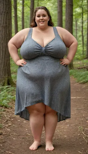 Full-figured woman, (BBW), full-body shot, looking at the camera, summer dress, skin glistening with sweat, joyful smile, forest setting, very large physique, morbid obesity., <lora:megachubsdxl_13:.1>, <lora:Sweaty_Realism_4-000006:.9>, <lora:milkers_v2:1.3>