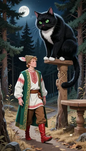 A highly detailed, realistic illustration in the style of a Russian folk tale, a digital painting with the softness of watercolor. A dense, dark coniferous forest, nighttime, a full moon, a path strewn with dry pine needles. A young, fair-haired, beardless man walks along the path, dressed in rich Old Russian attire, a long, sleeveless, emerald-green caftan with gold embroidery over a white shirt with red embroidery, brown pants, red boots, and a hat with a feather. Near the path stands a tall, carved wooden post. Perched atop the pole is a giant, well-fed black cat with white fur on its chest and bright green eyes with vertical pupils. The cat is staring intently at the traveler. The cold light of the full moon, the high level of detail in the fur and fabric of the clothing—a professional folklore illustration.