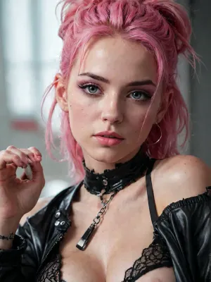 21 years old beautiful, stunning unique female character wet punk, pink hair, close-up portrait, black lingerie, ziprealism, t1hal, <lora:t1hal:.5>