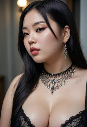 Melissa, a 20-year-old chubby Korean model woman, black natural big lips, long straight hair, black hair, gothic style, oversized fat boobs, sweating and completely soaked, with filigree silver jewellery, side view