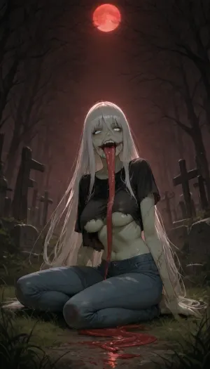 Hyper realistic, low resolution camera, Zombie girl, normal boobs, wearing dirty black shirt with torn up pants, long hair, dull green skin colour, skinny face, broken arm, pale white eyes, open jaw, jaw torn open, very long tongue, on knees, drooling excessive red saliva, surrounded by grass, eating flesh, looking at trees, at cemetery, red moon, very low visibility, scary atmosphere, captured in old grainy camera, solo, no sex, side view