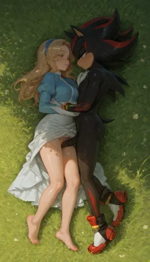 Maria Robotnik from Sonic the hedgehog franchise, 18 years old, Beautiful chubby body, Small height, (skinny waist), Maria Robotnik's dress, (she wears a dark blue puffy-sleeved blouse with a white stripe running down the middle over a sky blue, knee-length dress with long sleeves, a dark blue hairband), nude from the bottom, (vagina), (shaved pussy), (Maria Robotnik bare feet), Shadow the hedgehog from Sonic the hedgehog franchise, antrho, (Shadow the hedgehog have his white gloves), (Shadow the hedgehog have his boots), (very detailed Shadow the hedgehog penis), Shadow the hedgehog is standing near a wooden table, Maria Robotnik is lying on a grass, (Maria Robotnik is lying on her stomach), Shadow the hedgehog is having an vaginal sex with Maria Robotnik, side view, (view from side), clearing, (very detailed green grass), Maria Robotnik is looking at Shadow the hedgehog, Maria Robotnik is huffing, masterpiece, very detailed image, 4k image