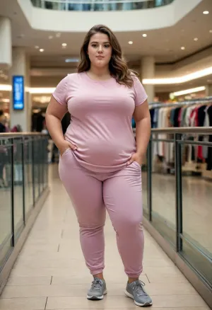 A photorealistic cinematic scene of a 25-year-old adult woman with a beautiful, naturally curvy and plump figure, standing casually inside a modern city shopping mall. She is wearing comfortable jogger pants and an oversized casual T-shirt. She has a natural, friendly appearance and a relaxed, candid expression. Her clothing falls naturally over her body with realistic folds and fabric texture, preserving her natural body shape. Modern mall interior, shops and storefronts in the background, polished floor, soft indoor lighting, realistic reflections, natural skin texture, realistic fabric physics, candid photography, full-body composition, natural proportions, high detail, photorealistic. Her clothing falls naturally over her body with realistic folds and fabric texture, preserving her natural body shape, plump, skindentation, chubby, bbw, venus, body, big, breasts, ass, <lora:Chubby BBW - XL:.8>
