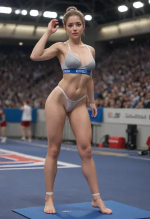 A full-length photograph capturing a female rhythmic gymnast performing a high vertical leg extension on a blue competition mat. She is holding her right leg straight up near her head with her hands, wearing nothing, naked, and a top bun with sparkling hair accessories. Her expression is graceful and focused. The background shows a dark-clothed, seated crowd of spectators in tiered seating, slightly blurred, and some clear, blurred text on a perimeter board that reads "Biikima". The lighting is bright and even, highlighting her muscle definition and pose. Studio-quality image.peeing