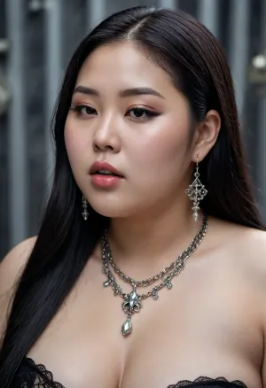 Melissa, a 20-year-old chubby Korean model woman, black natural big lips, long straight hair, black hair, gothic style, oversized fat boobs, sweating and completely soaked, with filigree silver jewellery, side view