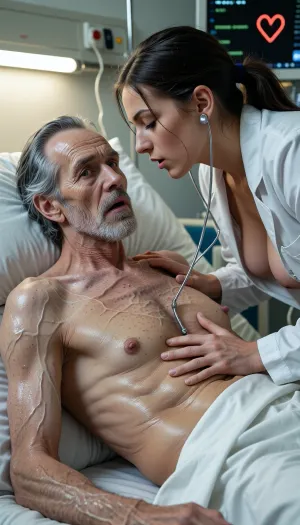 A highly detailed photorealistic surreal comedy scene inside a bright hospital room, an extraordinarily old man, 98 years old, lies propped up in a hospital bed and looks almost impossibly ancient, extremely frail, skeletal, ghostly pale and alarmingly close to collapse, his shoulders deeply sunken, collarbones razor sharp, chest narrow and hollow, arms thin and weak, muscles completely slack and wasted, loose aged skin hanging in heavy folds from his neck, chest, upper arms and jawline, paper thin skin covered with deep wrinkles, age spots, translucent veins, dry patches, creases and maximum visible texture, hollow cheeks, deeply recessed temples, sparse wispy gray hair and rough white gray stubble, enormous swollen bags beneath his eyes, heavy drooping lower eyelids, sagging upper eyelids and exhausted sleep deprived eyes make his face look dramatically aged, yet his eyes are opened absurdly wide in sudden shock, With wide-open eyes, he stared at the doctor's breasts, almost cartoonishly huge, staring directly at the doctor with tiny pupils, raised eyebrows, mouth slightly open, cold sweat covering his forehead, temples, nose and upper lip, a tiny line of saliva escaping one corner, his hospital shirt is fully opened across his bare chest, beside him an attractive adult female doctor, 34 years old, curvy, with pronounced cleavage beneath a low cut medical top and white coat, bends very deeply over him, completely focused on the examination, the stethoscope earpieces clearly inserted in both ears, the tubing running naturally downward, one of her elegant perfectly rendered hands gently guiding the chestpiece against the center of his bare chest while the other steadies her position, her face very close to his but turned slightly sideways, eyes half closed in intense professional concentration as she listens carefully to his heartbeat, both faces fully visible, he stares at her in overwhelming panic while she remains entirely absorbed in the medical task, an exaggerated heart monitor spikes wildly in the background, extreme contrast between her calm concentration and his near catastrophic comic shock, cinematic 50 mm lens, shallow depth of field, maximum skin detail, crisp facial anatomy, realistic hands and fingers, sophisticated surreal visual humor, believable photographic realism
