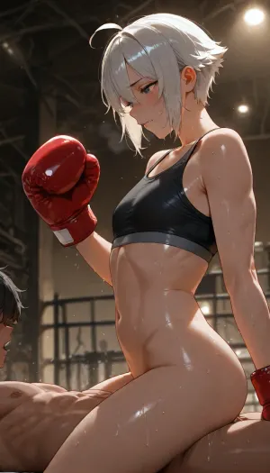 Female, tomboy, short hair, sliver hair, flat chest, sweating hard, sweat dripping, wearing black sports bra, wearing boxing gloves, muscles, abs, in gym, at night, dim lights, cowgirl position, normal cock, short boy, shy boy, cock in pussy, side view