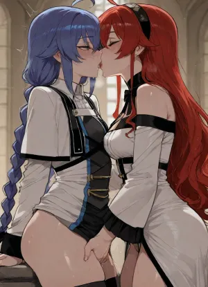 masterpiece, (roxy migurdia), (eris greyrat), 2girls, lesbian, fingering, side view, <lora:mk_Bp Anime_xl:1>, ratatatat74, <lora:ratatatat74-000050:.8>
