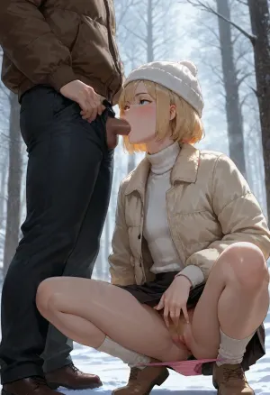 realistic style, one 25 years old girl, skinny, (blonde hair), (side bangs), (small chest), (short hair), (gray winter hat with pompom:1.1), (fair skin), (((freckles))), ((small birthmarks)), in snowy forest, lots of snow, (squatting in front of standing male), fully clothed male, (knees apart), (dusty blue eyes), (eye contact), (looking up), (wearing beige down jacket with fur collar:1.3), (light turtleneck sweater:1.3), (wearing dark winter skirt:1.3), (fingers in pussy:1.3), (fingering), (blonde excessive pubic hair), brown winter boots, (thick white knee-high winter socks), (pink panties down ankles:1.3), (panties pulled down:1.3), (sucking dick), (blowjob:1.3), (penis in mouth), (sucking), aroused, steam coming out of mouth, (steaming pussy), (mouth fuck:1.3), woman, squat, low sunset, <lora:woman_squat_xl_lora-000031:.8>