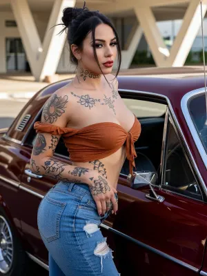 A sunlit outdoor fashion portrait of a heavily tattooed curvy woman with fair skin and jet-black hair standing beside a vintage maroon classic car, her body angled in a three-quarter turn so her full bust and the tight curve of her hip press toward the viewer while she looks back over her left shoulder with a cool, slightly parted-lip expression. Her face is fully visible, sculpted with bold makeup, sharply winged black liner, long dense lashes, softly contoured cheeks, and glossy deep burgundy lips, a few wispy black bangs falling across her forehead while the rest of her hair is twisted into a high messy bun with loose strands at the nape. Extensive black-ink tattoos cover her neck in script and ornamental shapes, a large pale flower blooms across her left shoulder and upper chest, both arms and both hands are densely tattooed with traditional and illustrative work, and more ink runs along her exposed side. She wears a rust-brown off-the-shoulder crop top made of lightweight gathered fabric, the elastic neckline pulled down to sit below her collarbones and across the upper swell of her breasts, short puffed sleeves ending mid-bicep, and a small fabric tie knotted at the center of the bust. Below it she wears tight light-to-medium wash blue skinny jeans that cling to her hips and thighs, a large frayed rip torn through the back of the right thigh so a patch of bare skin shows through the hole, the denim sitting snug across her buttocks as she leans her right hip against the car. Her tattooed hands are clasped together in front of her waist, dark burgundy nails visible, and a long thin dangling earring hangs from her left ear. The car is a restored 1960s American coupe in deep oxblood maroon with a wide chrome window frame, polished bodyline trim, and a black interior whose vintage thin-rim steering wheel and dash are visible through the open window. Behind them rises a pale concrete overpass of angled beams and pillars under a bright washed-out sky, the pavement of a parking lot stretching into sunlit haze. Warm directional daylight from the left rakes across her face, the rust fabric of the top, the inked skin of her arms, and the glossy maroon paint and chrome of the car, creating hard highlights on the metal and soft modeling on her bust and waist. The photograph is a vertical mid-length frame shot with an 85mm portrait lens at a moderately wide aperture around f/2.8, keeping her face, tattoos, the gathered cotton of the top, and the frayed denim rip in crisp focus while the concrete structure falls slightly softer. Color palette is built from oxblood car paint, rust-brown crop, faded blue denim, black hair and ink, warm fair skin, and sun-bleached concrete. Surfaces read as gathered matte cotton, tight worn denim with fuzzy white tear edges, detailed tattooed skin, lacquered burgundy lipstick, and polished chrome against dusty maroon enamel. The mood is pin-up, alternative, and unapologetically sensual