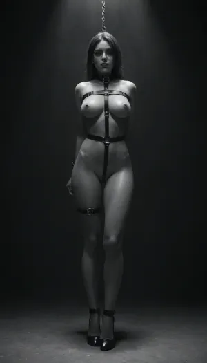 (((black and white, no colors:4))), spotlight from front, 1girl, 25 years old, trained body, blond hair in ponytail, (oiled skin:1.4), (nipples pierced by big steel pins), gagged, big perky breasts, (very slim waist:1.2), collar, bondage straps, suspended, chained, standing, legs spread, ((black high heel Pumps:1.6)), ((bdsm dungeon:1.4))