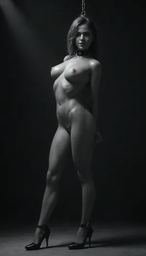 (((black and white, no colors:4))), spotlight from front, 1girl, 25 years old, trained body, blond hair in ponytail, (oiled skin:1.4), (nipples pierced by big steel pins), gagged, big perky breasts, (very slim waist:1.2), collar, bondage straps, suspended, chained, standing, legs spread, ((black high heel Pumps:1.6)), ((bdsm dungeon:1.4))
