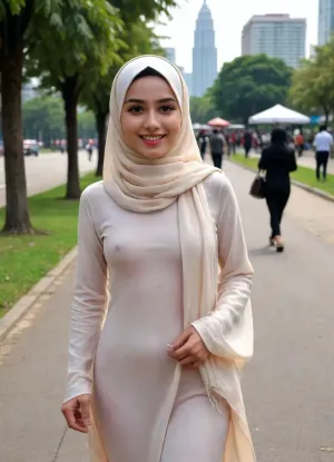 Clear illustration, full frontal see-through nude, candid shot with iphone, an attractive muslimah walking at public spaces, public nudity, Anita Ramli, hejab, scarf, delicate natural body, puffy areolas, smooth white skin, detailed face, healthy eyes, fresh beauty, pointy nose, pure smile, outdoor, sidewalk, city park, long drop shadow, bright evening in Kuala Lumpur, in the style of Alena Aenami