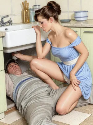 This is a detailed colorful colors pencils drawing in a classical illustrative style depicts a scene set Beautiful sexy brown elegant hairstyle mother Squatting in the kitchen of a Soviet apartment next to the sink, wearing in light blue summer dress, Her legs are slightly spread apart, (her white panties are visible), She watches as a worker lying under the sink repairs it, fully clothed very ugly lustful fat worker in the coverall, looking up, seductive face, (Peeping scene and exhibitionism), The overall mood is intense, rendered in fine, expressive line work and subtle shading, evoking the style of 1950s satirical or moralistic illustrations.