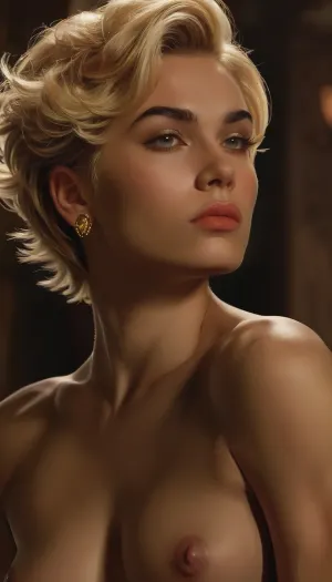 Hyper-realistic cinematic, (fullbody:1.5), portraing a stunning young latina noble slutty whore, (Caucasian-like face:1.5), (feminine newhalf:1.5), (sharp jawline:1.5), (round chin:1.5), (prominent high and sharp cheekbones:1.5), (fine elegant straight antique nose:1.5), (full pouty lips:1.5), (piercing almond-shaped amber eyes:1.5), (pierced septum:1.3), septum ring, (short blonde undercut hair:1.5), (intense and seductive gaze:1.3), (athletic feminine body:1.5), (newhalf tits:1.5), high-fashion model aesthetic, flawless sun-kissed skin texture, soft studio lighting with dramatic shadows, 8k resolution, masterpiece., uberfit, muscular, athletic, Art, by, Boris, Vallejo, Style, style, of, Alex, Ross, <lora:uberfit_lora_sdxl:.8>, <lora:Fantasy_art_XL_V1:.8>, <lora:tbh234-sdxl:.8>
