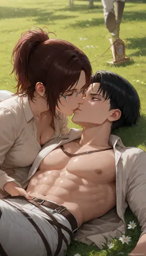 ((Insanely hot)), ((top quality、masterpiece、high sensitivity、high resolution、detailed depiction、depiction of a delicate face、thin face、 cute eyes)), is advanced digital art, award winning photo, hdr, photographic, 2 characters, ((Levi Ackerman from "Attack on Titan")), ((Hange Zoe from "Attack on Titan", sharp nose)), Hange Zoe with glasses, thin muscular bodies, laying in grass, unbuttoned beige shirt, wearing white pants with ODMG Straps, (((Aggressive kissing))), aroma, ((aromasensei:1.3)), score_9, score_8_up, score_7_up, score_6_up, (j_cartoon:1.4), Drawing