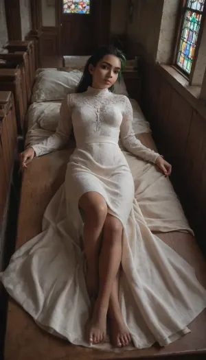 (Nemona from pokemon), masterpiece, highly-detailed, hyper-realistic, score_9, score_8, score_7, realistic details. Innocent church-goer nemona in modest dress. Long sleeve dress. Laying on church pew