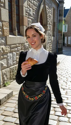 A 22-year-old woman—with delicate features, soft cheekbones, and brown eyes sparkling with serene joy—walks down the cobblestone lane of a Breton village street. A radiant, spontaneous smile plays upon her lips. In her right hand, held at chest height between thumb and forefinger, she carries a small, classic artisan-style all-butter croissant, boasting a crisp, airy texture and an amber-gold glaze.

The shot is framed precisely at eye level, aligned with her gaze, capturing her upper body and fluid stride. Low-angle morning sunlight strikes the lane directly, bathing the building facades and large, light-grey granite cobblestones in golden light. To her left stands the wall of a small village church, featuring fine stonework, aged mortar joints, and stained-glass windows framed in cut stone. The rising sun is visible at the far end of the street.

She wears the traditional costume of the Cap-Sizun region, a fitted bodice of deep black velvet with embossed velvet trim, worn over a high collar of pristine white linen. Her dark silk apron—secured by a bib embroidered with delicate yellow and red floral motifs—sways gently with her steps. Resting atop her chestnut hair, pulled back into a low bun, is an exquisitely fine white lace *kapenn*, (headdress), stiffly starched, its intricate openwork allows the bright morning light to shine through.

The fresh early-morning air creates a crisp, crystal-clear atmosphere. The details are razor-sharp, the light crumbs on the golden crust of the small croissant, the texture of the black velvet, the fibers of the lace, the ochre and gray hues of the collegiate church's granite blocks, and the natural grain of her sun-warmed skin. Kodachrome color rendering, exceptionally clear 50mm optical look.