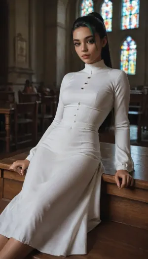 (Nemona from pokemon), masterpiece, highly-detailed, hyper-realistic, score_9, score_8, score_7, realistic details. Innocent church-goer nemona in modest dress. Long sleeve dress. Laying on church pew