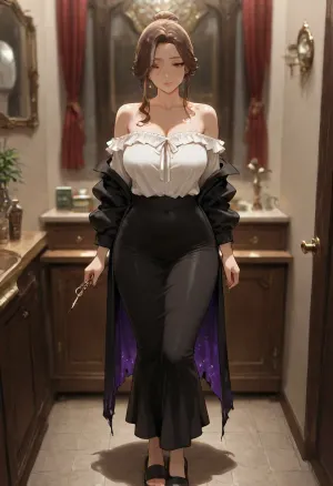 masterpiece, best quality, absurdres, newest, highres, very aesthetic, 1girl, solo, mature female, adult, nsfw, gray-streaked brown hair, hair bun, tired brown eyes, visible age, thin frame, medium breasts, dark housecoat, blouse, long dark skirt, slippers, standing, full body, holding keys and worn account book, stiff shoulders, reception counter, old parlor, cracked velvet couch, ornate mirror, cobweb, drawn curtains, overcast indoor light, depth of field, detailed face, highly detailed