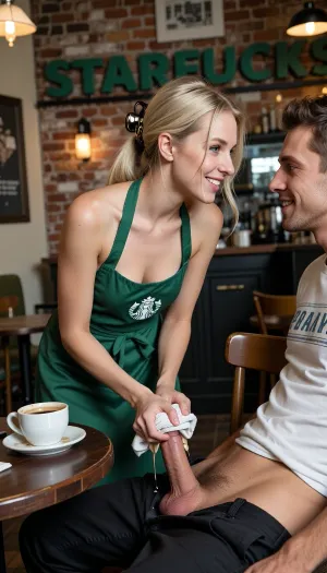 Hyper-realistic 8k UHD masterpiece, wide angle side view, small Polish waitress with a round face, fine smooth features, dainty slender nose, thin delicate lips, radiant sparkling steel-blue eyes, genuine winning smile with deep charming cheek dimples, pale blonde hair clamped at the nape with a large clip, loose strands framing face, wearing only a green bib-apron with "STARFUCKS" logo, bib barely covering nipples, tops of breasts visible, bent over a man sitting at a table, perky breasts hanging down under the bib, holding a rag drying spilled coffee from the man's open pants and erect penis, man's t-shirt slightly raised, tipped over coffee cup on table, coffee dripping from table edge onto man's crotch, intense romantic eye contact with each other, shy smile, eclectic Berlin café interior, exposed brick, large green "STARFUCKS" sign on wall, vintage furniture, soft atmospheric lighting, incredible skin texture, pores, natural lighting, photorealistic, cinematic composition, sharp focus, highly detailed.