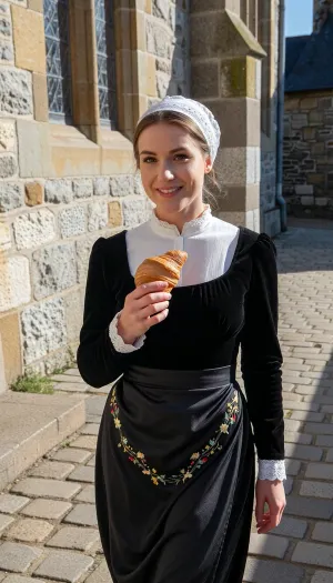 A 22-year-old woman—with delicate features, soft cheekbones, and brown eyes sparkling with serene joy—walks down the cobblestone lane of a Breton village street. A radiant, spontaneous smile plays upon her lips. In her right hand, held at chest height between thumb and forefinger, she carries a small, classic artisan-style all-butter croissant, boasting a crisp, airy texture and an amber-gold glaze.

The shot is framed precisely at eye level, aligned with her gaze, capturing her upper body and fluid stride. Low-angle morning sunlight strikes the lane directly, bathing the building facades and large, light-grey granite cobblestones in golden light. To her left stands the wall of a small village church, featuring fine stonework, aged mortar joints, and stained-glass windows framed in cut stone. She wears the traditional costume of the Cap-Sizun region, a fitted bodice of deep black velvet with embossed velvet trim, worn over a high collar of pristine white linen. Her dark silk apron—secured by a bib embroidered with delicate yellow and red floral motifs—sways gently with her steps. Resting atop her chestnut hair, pulled back into a low bun, is an exquisitely fine white lace *kapenn*, (headdress), stiffly starched, its intricate openwork allows the bright morning light to shine through.

The fresh early-morning air creates a crisp, crystal-clear atmosphere. The details are razor-sharp, the light crumbs on the golden crust of the small croissant, the texture of the black velvet, the fibers of the lace, the ochre and gray hues of the collegiate church's granite blocks, and the natural grain of her sun-warmed skin. Kodachrome color rendering, exceptionally clear 50mm optical look.