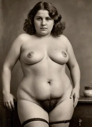 (Full body view), Highly detailed animated wallpapers in 8K resolution, showcasing a meticulously crafted and beautifully rendered scene. The composition is a black-and-white aged retro photograph with visible scratches. It depicts a plump elderly German woman from the early 19th century with noticeable hair in the genital area., (localized abdominal fat:1.4), (cellulite:1.2), (obese:1.2), (black stockings with garters), (Thigh gap:1.2), ., (excessive pubic hair:1.3), Her pubic area is covered in hair. The woman is depicted with sagging breasts, wearing an old‑fashioned corset and a black belt with garters. This vintage photograph is part of a collection of risqué postcards featuring exposed, hairy female genitalia and a voluptuous figure. sepia, vntg, line-art, DPICT, stretch, marks, <lora:NaughtyPostcard:1>, <lora:vntg-line-art-v2:.8>, <lora:Antique_Photo:.8>, <lora:DPICT_Classic_Sketches:.8>, <lora:stretch_marks:.8>