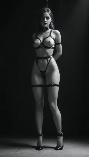 (((black and white, no colors:4))), spotlight from front, 1girl, 25 years old, trained body, blond hair in ponytail, (oiled skin:1.4), (nipples pierced by big steel pins), gagged, big perky breasts, (very slim waist:1.2), collar, bondage straps, suspended, chained, standing, legs spread, ((black high heel Pumps:1.6)), ((bdsm dungeon:1.4))