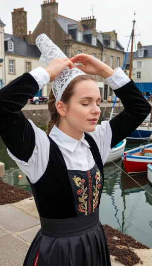 Au premier plan, une jeune femme bretonne de 22 ans, au visage ovale et délicat, aux yeux clairs plissés par une expression apaisée, se tient debout sur le quai en dalles de granite d'un petit port traditionnel du Finistère. De ses deux mains levées aux doigts gracieux, elle réajuste délicatement les rubans de sa haute coiffe bretonne en dentelle blanche translucide, la kapenn, fixée sur ses cheveux bruns soigneusement tirés en chignon. Ses coudes relevés créent une posture naturelle et vivante. Elle porte un costume traditionnel du Cap-Sizun composé d'un gilet cintrée en velours noir d'une texture mat profonde, porté sur un chemisier en lin blanc au col montant rigide, et d'un tablier en soie sombre brodé au plastron de fins motifs floraux filés d'or et de rouge.

Son corps est orienté de trois-quarts vers le port qu'elle contemple. Devant elle s'étend un petit bassin portuaire typique à marée haute, où flottent plusieurs petites barques de pêche traditionnelles en bois, peintes en bleu marine, en blanc et en rouge vif. Leurs mâts en bois brut et leurs cordages projettent de longs reflets dans l'eau calme, à peine ridée par une brise matinale. La jetée en grosses pierres de granite sombre, tapissée de goémon brun et de petites moules sauvages sur sa partie basse, encadre le bassin et s'avance vers une mer paisible bordée d'un filet de brume marine matinale.

En arrière-plan immédiat, le cœur du village côtier s'aligne le long du quai, une rangée de maisons bretonnes anciennes en pierres de granite apparentes, aux toits d'ardoise bleue pentus et aux cheminées épaisses. Les façades en moellons anciens sont ornées de volets en bois peint en bleu charrette et en blanc, dont certains sont encore mi-clos. Au rez-de-chaussée d'une des bâtisses, la vitrine d'un petit commerce local arbore un store banne en toile rayée. Au loin, le clocher ajouré en pierre d'une petite église de village dépasse des toits en ardoise.

La lumière rasante et dorée d'un soleil levant de 7 heures du matin inonde toute la scène, frappant de biais le profil de la jeune femme, le blanc éclatant de la dentelle et les façades du village. La brume légère de l'aube se dissipe doucement sous les premiers rayons chauds. La prise de vue est réalisée strictement à hauteur d'yeux avec une focale neutre de 50mm, offrant une grande profondeur de champ où chaque élément reste parfaitement lisible. Piqué chirurgical sur les alvéoles de la dentelle, les coutures du velours, les grains du granite, la texture du bois peint des bateaux et les ridules de l'eau. Rendu couleur Kodachrome riche, contrastes naturels, atmosphère authentique, limpide et lumineuse d'un réveil villageois au bord de l'eau.