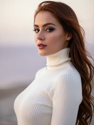 An intimate portrait of a beautiful woman with an ethereal, soft-focus aesthetic, defined by diffused light. She wears a snug luxurious ivory white turtleneck sweater flatteringly hugging her slender waist.

Long feathery eyelashes with thick winged eyeliner frame her deep green eyes.
Her dark smokey eye shadow matches the rich purple hues of the deep sunset.
Her soft lips are a dark matte plum. She has high sharp elegant cheekbones and flawless radiant skin.
Her long luxurious redhead hair blows softly in the wind. Red lipstick The scene is enveloped in a powerful but diffused golden-hour glow which creates a luminous light bloom on her skin, dissolving sharp edges in an ethereal haze. The background is a very blurred, dreamlike pastoral pastel lavender-gray coastal sky, soft and bright. Soft focus on her eyes.
The overall mood is an serene contemplation. Shallow depth of field, subtle film grain, light leaks, vintage analog lens. This is a high-key photograph.
The subject is anchored to the right side of the image, using the rule-of-thirds compositional technique.
The image captures extreme realistic details including sharp limbal rings and fine vellus hairs.