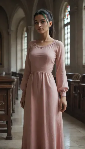 (Nemona from pokemon), masterpiece, highly-detailed, hyper-realistic, score_9, score_8, score_7, realistic details. Innocent church-goer nemona in modest dress. Long sleeve dress