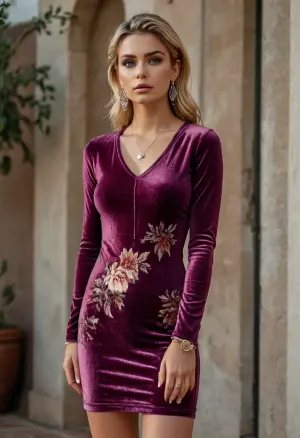 (masterpiece, best quality:1.2), 1 french 25yo woman, lasciviously and cheekily posing fashion influencer, (she wears a faded plum colored tight velvet sweater dress with floral pattern, sneakers:1.4), outside a modern angular minimalist style villa, short slicked-back mid blonde hair, (modern styled with jewelry, earrings, bangles, necklaces, silver belly chain:1.4), bright blue eyes, glasses, photorealism, <lora:style_lora_realis:.5>, <lora:slicked-back_hair-000006:.5>