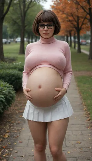 petite Velma in in park, skinny face, fully dressed, chocker, pink sweater, tight sweater, beautiful realy woman in extremely short miniskirt, (woman:1.7), skinpores, wide hips, small waist, massive breasts, bulging cleavage, naked shaved pussy, godpussy, microskirt, she wears white skirt, very submissive, (meekly, servile, obsequious), full body view, (pregnant 9 months:1.9), big oreola, <lora:MicroSkirt_XL:.8>