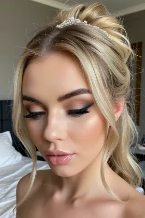 (close-up focus on her intoxicating eyes:8), (rich 24yo woman with immaculate professional hair and makeup), (long blonde hair, elegant hair styled in an intricate bridal updo, luxurious voluminous hair, dark threaded eyebrows), (pale green eyes with sharp contrasting limbal rings), (sultry expression in her heavily lidded eyes full of anticipation and desire), (soft oval lips with pillowy creases in a sticky glossy wet-look), (flawless glamorous makeup), (luxurious modern bedroom with uncluttered tasteful decor), (unedited raw photo aesthetic, overexposed low-contrast amateur look), (blown-out white highlights, Low dynamic range, washed-out high-key aesthetic)