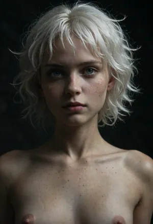 realistic style, skinny, (white hair), (small breasts), (very messy hair), (short hair), (undone hair), (fair skin), (((freckles everywhere))), ((small birthmarks)), (light blue eyes), (albino pubic hair), translucent bralette, lonely woman, dutch angle, <lora:dark:.8>