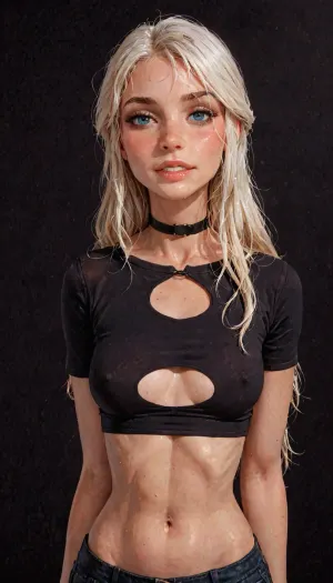 (reiq meets innv and Jack cayless art style), (Incase style:1.2), beautiful girl, blonde hair, very long hair, friendly slight smile showing her teeth, (face closeup), (((solo))), (black choker), (narrow waist), (sexy abs), (ruined makeup:.6), bangs over eye, symmetrical blue eyes, snub nose, plumb lips, parted lips, teeth visible, half-closed eyes, small breasts, (erect nipples), 1girl, ((face focus)), beads of sweat, sweat body, beautiful curves of the body, realistic detailed, deep insertion, intim light, (top with cutout), (black crop top:1.4), (simple dark background:1.8), skin texture, futuristic-fantasy-anime, incase, style, (ciri), (cirilla), <lora:sd_xl_turbo_lora_v1-64dim:2>, <lora:futureistic_fantasy_anime_sdxl_v1:2>, <lora:Incase_Style__SDXL:2>, <lora:SDXL_BetterFaces-LoRA_v1:.8>, <lora:Witcher3TurnXL_v1:.8>