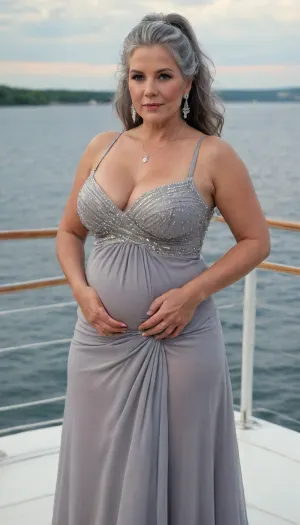 Woman, huge, ugly, fat 60-year-old women, (sexy and seductive MILF), (((in a gorgeous evening gown))), love handles on her hips, a chubby little belly, (huge breasts), gorgeous, photorealistic, ((long gray hair in a sexy ponytail)), (the dress hides her big belly, wide hips, large, sagging breasts, and big belly), her décolletage is adorned with a diamond-studded gold necklace, and matching earrings, on a boat, topless, without a bra, spreading her legs, the wind lifts her dress and ruffles her