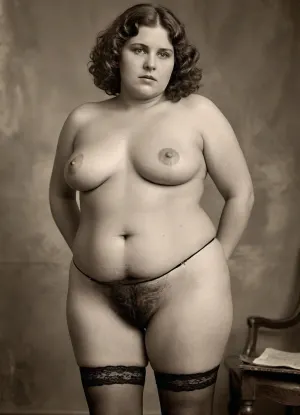(Full body view), Highly detailed animated wallpapers in 8K resolution, showcasing a meticulously crafted and beautifully rendered scene. The composition is a black-and-white aged retro photograph with visible scratches. It depicts a plump elderly German woman from the early 19th century with noticeable hair in the genital area., (localized abdominal fat:1.2), (cellulite:1.2), (obese:1.2), (black stockings with garters), ., (excessive pubic hair:1.3), Her pubic area is covered in hair. The woman is depicted with sagging breasts, wearing an old‑fashioned corset and a black belt with garters. This vintage photograph is part of a collection of risqué postcards featuring exposed, hairy female genitalia and a voluptuous figure. sepia, vntg, line-art, DPICT, stretch, marks, <lora:NaughtyPostcard:1>, <lora:vntg-line-art-v2:.8>, <lora:Antique_Photo:.8>, <lora:DPICT_Classic_Sketches:.8>, <lora:stretch_marks:.8>