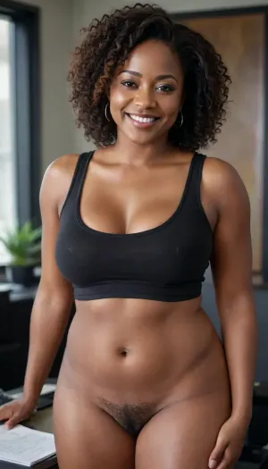 Curvy Ebony woman. 40 years old. Naked. Hairy Pussy. Crop black Tank top. Office. Smiling. Full body.