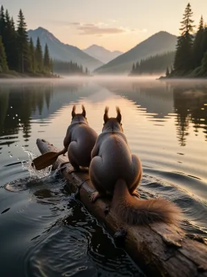 Ultra detailed depiction, sharp focus on their back-tails, realistic rendering. View from behind. Two squirrels crouch forward on a floating log, drifting down the water. One squirrel grips a small wooden paddle mid-stroke, water splashing where it cuts through the current. Their fur catching the light, individual strands visible. A trailing wake ripples out behind the log, showing its forward motion. Ahead there is a vast, still lake shrouded in morning mist. Soft golden light grazes low across the water. Tall pine-covered mountains rise in the background, their silhouettes soft in the distance. The sky is painted in warm golden and soft pink tones, reflected in the calm lake ahead. over-detailed rendering, masterpiece, epic photorealism.