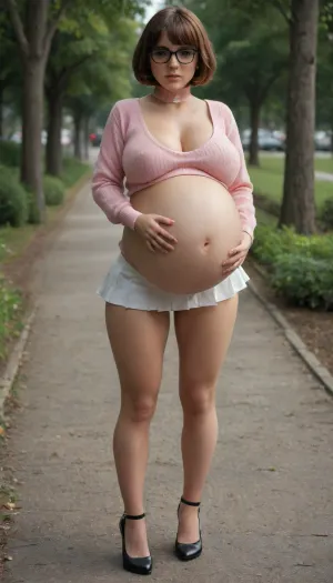 petite Velma in in park, skinny face, fully dressed, chocker, pink sweater, tight sweater, beautiful realy young woman in extremely short miniskirt, (woman:1.7), super cute girl, skinpores, wide hips, small waist, massive breasts, bulging cleavage, naked shaved pussy, godpussy, microskirt, she wears white skirt, very submissive, (meekly, servile, obsequious), full body view, (pregnant 9 months:1.9), big oreola, <lora:MicroSkirt_XL:.8>