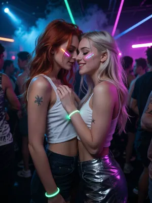 Ultra detailed depiction, professional photograph, realistic, perfect composition of lights, clear focus.
Two girlfriends sharing a joyful, electric moment together in the middle of a rave party.
A striking young woman stands close behind and slightly to the side of her friend, her head leaning in close behind her friend's ear, her face partly hidden by her friend's hair. 1redhead, 1platinium blonde.
Her friend tilts her head back slightly, caught in an amused, knowing laugh, eyes softly closed, a warm genuine smile on her lips.
Their hands rest gently on each other, hands on shoulder and hip, both relaxed and affectionate.
Both women have soft curved lines of glowing neon face paint across their cheeks and temples, catching the surrounding lights, along with small delicate tattoos visible on their shoulders and arms.
They have long, wild, tousled hair with a few colorful streaks catching the neon light.
They wear sleeveless crop tops and high-waisted shorts in bright reflective fabric, small glow bracelets stacked on both wrists.
Around them, a dense crowd of dancers is blurred in motion, illuminated by sweeping colorful stage lights in electric blue, magenta, and green.
Beams of laser light cut through a light haze of stage smoke drifting through the air.
The lighting is dramatic and colorful, strong contrasts between deep shadow and vivid glowing neon light across their faces and skin.
Shallow depth of field, the crowd and lights softly blurred behind them, sharp focus on both faces.