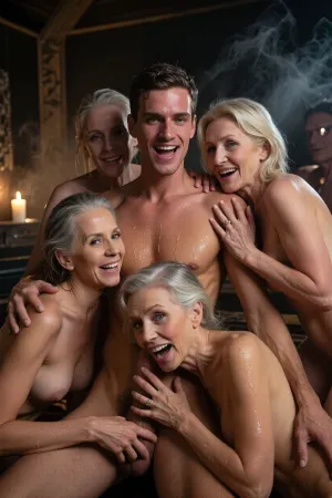 A highly detailed photorealistic cinematic scene inside a large public sauna at night, five consenting adults only, one man, 25 years old, fucked by several ugly old women, surrounded closely by four greedy old women, 70 years old, 60 years old, 50 years old and 80 years old, the atmosphere extremely dark, intimate, warm and humid, illuminated only by dim amber ambient light and a few candles, flickering light moving softly across faces and bodies, dense steam, suspended moisture and warm mist filling the air, visible volumetric haze catching the light, deep blacks swallowing large parts of the room, soft rim light outlining shoulders, arms, backs and faces, realistic underexposure by approximately two stops, no bright fill light, the composition spontaneous, crowded, asymmetrical and unstaged, every person with a different posture and body angle, one woman standing closely behind him, another leaning in from the side, another crouched lower, another half seated, all eyes directed toward the man, warm amused fascinated expressions, many hands naturally touching her shoulders, waist, back and sides, playful closeness, spontaneous laughter, relaxed body language, everything clearly mutual, consensual and affectionate, the man visibly having incredible fun, enjoying being the center of attention, laughing openly, cheeks flushed from heat and excitement, his expression bright, mischievous, delighted and completely comfortable, the absolute visual focus is his face at very close range, vivid blue eyes with intricate iris detail and realistic reflections, crisp wet eyelashes, subtle dimples, flushed cheeks, slightly parted lips, fine pores, peach fuzz, tiny imperfections and beads of perspiration rendered with extreme realism, short extremely thick blonde hair, damp from the sauna, cheeks, neck and shoulders, his athletic body covered by a thin realistic film of sweat, tiny droplets gathering along collarbones, shoulders and arms, damp skin glistening where candlelight catches it, surrounding female bodies showing convincing age differences, mature skin texture, wrinkles, veins, body hair, natural softness and believable imperfections, rich cedar wood grain, condensation on walls and benches, drifting steam layers between foreground and background, shallow depth of field, womans face razor sharp, surrounding bodies progressively softer, distant sauna interior dissolving into darkness and mist, premium full frame photography, 50 mm lens, wide aperture, cinematic low key lighting, strong micro contrast, realistic dynamic range, subtle analog film grain, extremely high micro detail, authentic skin translucency, realistic moisture rendering, natural anatomy, no glamour retouching, no plastic skin, intimate documentary realism