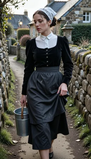 A realistic street photograph, shot with a 35mm f/1.4 lens in a 1950s vintage style. A candid snapshot capturing a village morning.
In the foreground, a beautiful 22-year-old Breton woman walks along a packed-earth path winding between two lichen-covered granite walls. Her finely featured face—with a matte complexion, soft cheekbones, and a scattering of freckles—betrays early-morning fatigue. Her half-closed eyes squint against the low-angled light and lingering drowsiness, while her mouth, with natural lips, wears a pensive expression. Her dark chestnut hair, pulled into a tight low bun beneath her headdress, allows a few stray strands to escape and cling to her damp forehead.
She wears the traditional peasant costume of Cap-Sizun—authentic yet marked by daily toil, a fitted bodice of matte black velvet over a white linen blouse with a high collar, and a dark fabric apron featuring a simply embroidered bib, the apron is wrinkled and slightly stained at the hem. Her full skirt, made of dark wool cloth, reaches her ankles. On her head, she wears the *kapenn*—a tall, starched white lace headdress whose intricate embroidery catches the bright morning light.
As she walks, she shifts her body weight onto her leading leg, her torso is slightly turned and her head tilted, her gaze fixed on her feet and the stony path she watches carefully to avoid stumbling. Her fingers grip the wooden handle of a zinc milk bucket, which she carries naturally at her side, The bucket swings gently near her hip, creating a slight motion blur at the hem of her skirt. With her other hand, she delicately holds the fabric, lifting it slightly to keep it from getting dirty on the ground.
The village is waking up around her, three or four low granite houses with slate roofs stand scattered and irregularly arranged, separated by stone-walled gardens and, in the background, a rustic, peaceful chicken coop. The setting includes a narrow path, a cast-iron water pump, a woodpile under a lean-to, and a stone wayside cross half-hidden by the distant mist. A single window glows with the warm light of an indoor bulb.
Climate and atmosphere, the crisp, crystalline dawn air creates a damp, silent morning mood. The scene is bathed in the low-angle light of the rising sun—shifting between pale pink and very pale gold—piercing through a thick mist that clings to the ground and the dew-laden tall grass. The shot is taken at eye level using a neutral 50mm focal length, offering a natural perspective and a shallow depth of field that softens the background. The scene reveals long, soft shadows on the damp earth, a faint cloud of breath mist, and dew drops glistening on the lace and the stones of the low wall. Sharp focus in the foreground, authentic Kodachrome-style color rendering, soft contrasts, and the peaceful rural atmosphere of a place stirring to life.