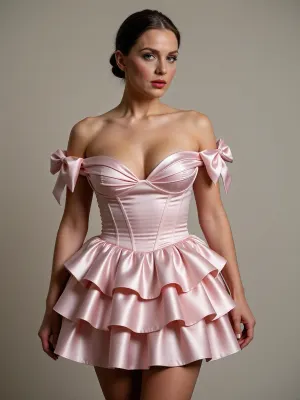 Realistic, 8K, 45yo adult female standing centered, posture rigid, face composed with a slight smirk, makeup polished with a matte red lip and neutral eyeshadow, hair in a tight, sophisticated low bun. She wears a pale dusty-pink satin gown featuring an off-the-shoulder neckline with two large satin bow loops acting as sleeves and a tight boned corset bodice that compresses her torso, forcing her breast tissue upward. The skirt consists of three cascading tiers of ruffled satin that flare out from her hips, masking the width of her thick thighs. Lighting is studio editorial with a softbox key and a sharp hair light, creating clean specular highlights on the satin fabric. 70mm lens, neutral background, deep focus.