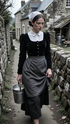 A realistic black and white street photograph, shot with a 35mm f/1.4 lens. Only the skin and a few details have dull colors.. The photo was taken in France in 1950. A candid snapshot capturing a village morning.
In the foreground, a beautiful 22-year-old Breton woman walks along a packed-earth path winding between two lichen-covered granite walls. Her finely featured face—with a matte complexion, soft cheekbones, and a scattering of freckles—betrays early-morning fatigue. Her half-closed eyes squint against the low-angled light and lingering drowsiness, while her mouth, with natural lips, wears a pensive expression. Her dark chestnut hair, pulled into a tight low bun beneath her headdress, allows a few stray strands to escape and cling to her damp forehead.
She wears the traditional peasant costume of Cap-Sizun—authentic yet marked by daily toil, a fitted bodice of matte black velvet over a white linen blouse with a high collar, and a dark fabric apron featuring a simply embroidered bib, the apron is wrinkled and slightly stained at the hem. Her full skirt, made of dark wool cloth, reaches her ankles. On her head, she wears the *kapenn*—a tall, starched white lace headdress whose intricate embroidery catches the bright morning light.
As she walks, she shifts her body weight onto her leading leg, her torso is slightly turned and her head tilted, her gaze fixed on her feet and the stony path she watches carefully to avoid stumbling. Her fingers grip the wooden handle of a zinc milk pail, containing white creamy milk, which she carries naturally at her side, The bucket swings gently near her hip, creating a slight motion blur at the hem of her skirt. With her other hand, she delicately holds the fabric, lifting it slightly to keep it from getting dirty on the ground.
The village is waking up around her, three or four low granite houses with slate roofs stand scattered and irregularly arranged, separated by stone-walled gardens and, in the background, a rustic, peaceful chicken coop. The setting includes a narrow path, a cast-iron water pump, a woodpile under a lean-to. A single window glows with the warm light of an indoor bulb.
Climate and atmosphere, the crisp, crystalline dawn air creates a damp, silent morning mood. The scene is bathed in the low-angle light of the rising sun—shifting between pale pink and very pale gold—piercing through a thick mist that clings to the ground and the dew-laden tall grass. The shot is taken at eye level using a neutral 50mm focal length, offering a natural perspective and a shallow depth of field that softens the background. The scene reveals long, soft shadows on the damp earth, a faint cloud of breath mist, and dew drops glistening on the lace and the stones of the low wall. Sharp focus in the foreground, authentic analogic Black and white rendering, soft contrasts, and the peaceful rural atmosphere of a place stirring to life.